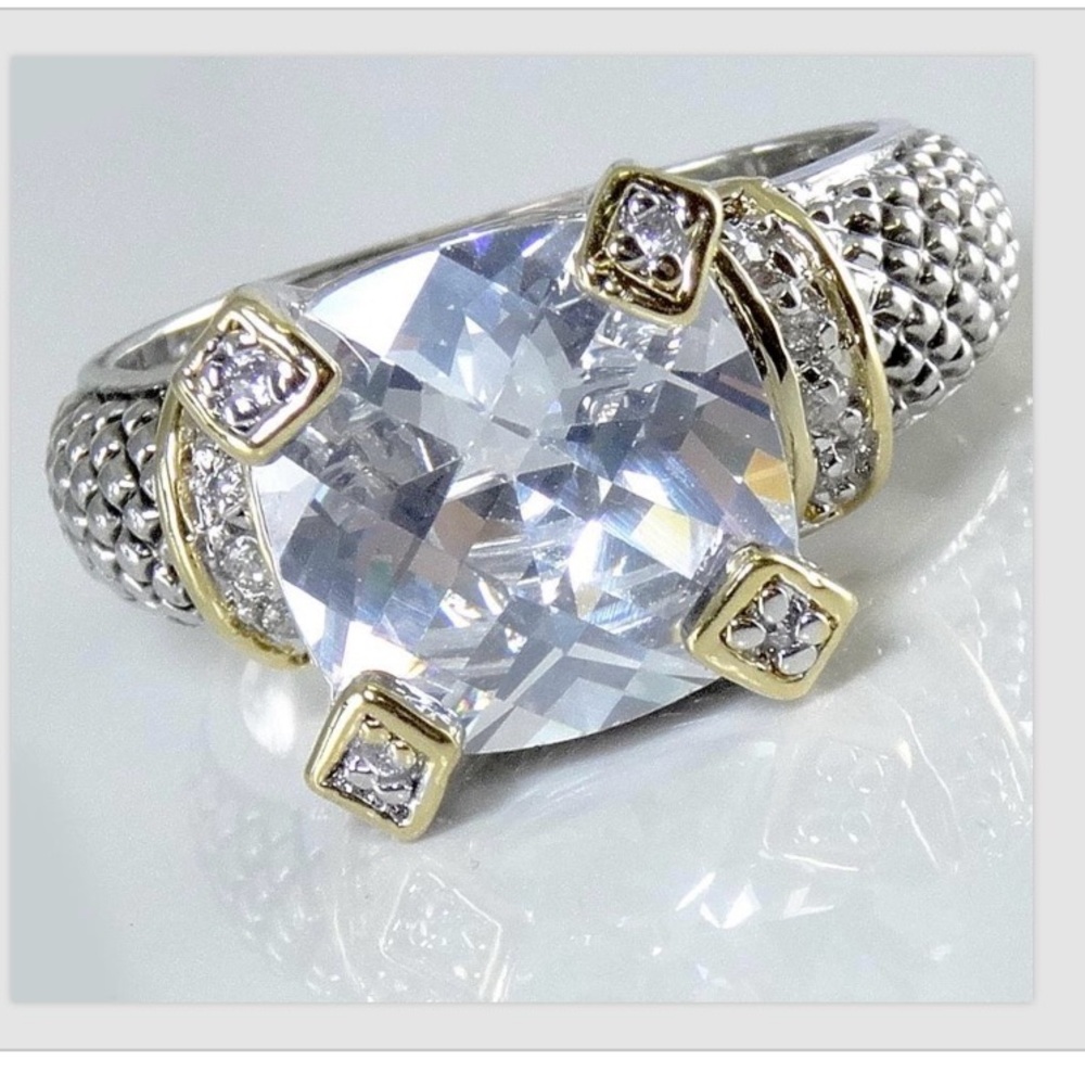 Balinese Clear Silver Gold CZ Cubic Zirconia Ring Glass Cushion